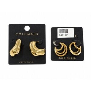 2 pairs Columbus gold dipped brass Hoop Earrings Lot Gold Chunky Textured Hoop